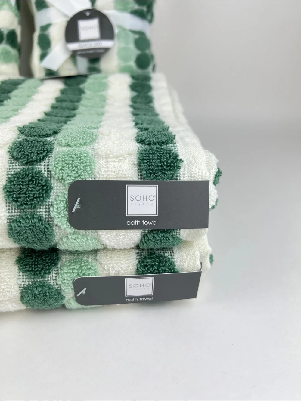 SOHO Living Bath Towel Set Green White Polka Dot & Stripe  Soft Cotton 8 Pc NEW
